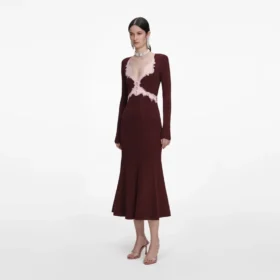 Brown Contrast Lace Knit Midi Dress