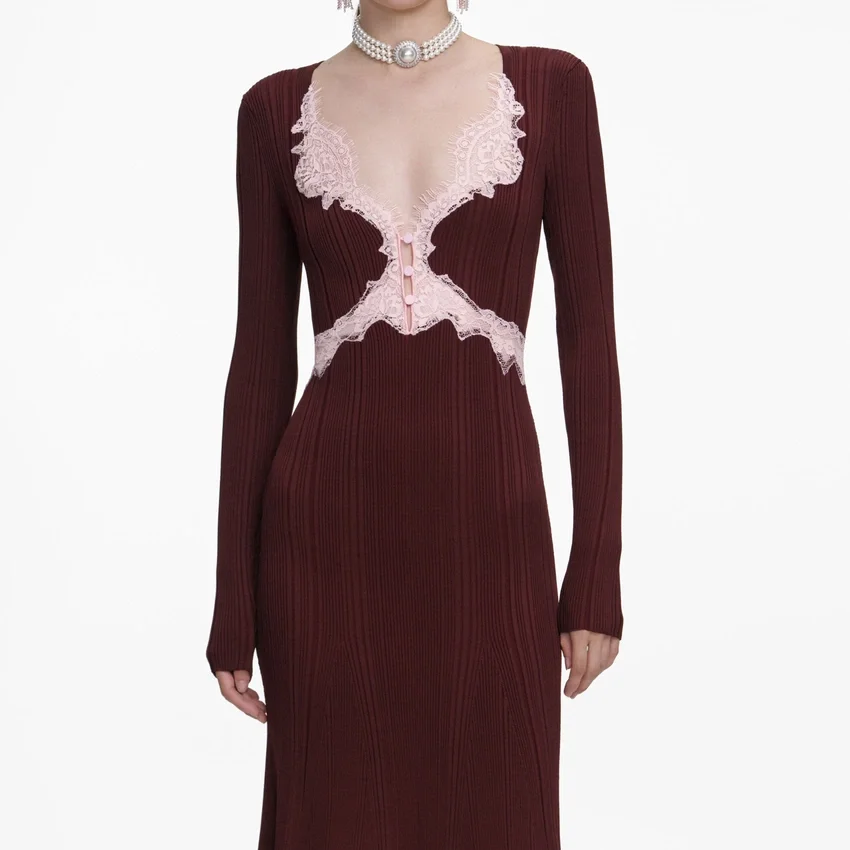 Brown Contrast Lace Knit Midi Dress Brown Contrast Lace Knit Midi Dress