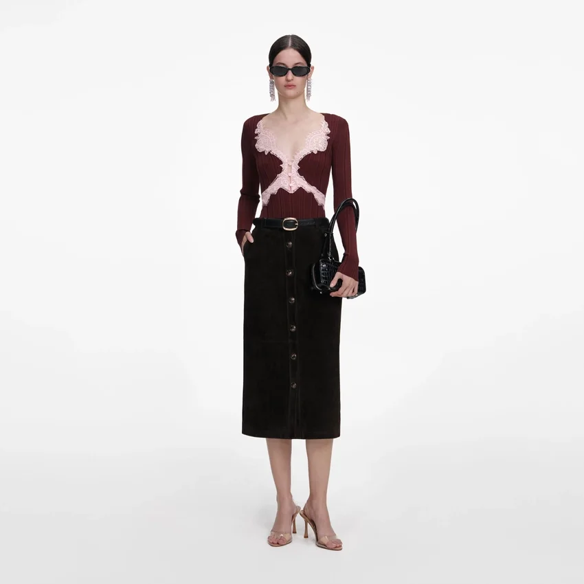 Brown Contrast Lace Knit Top Brown Contrast Lace Knit Top