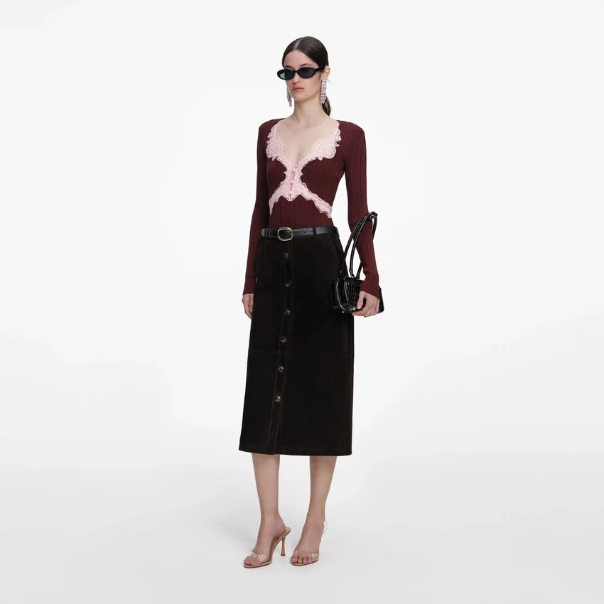Brown Contrast Lace Knit Top Brown Contrast Lace Knit Top