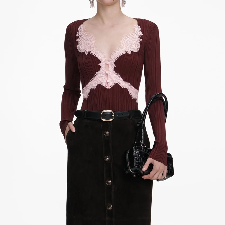 Brown Contrast Lace Knit Top Brown Contrast Lace Knit Top