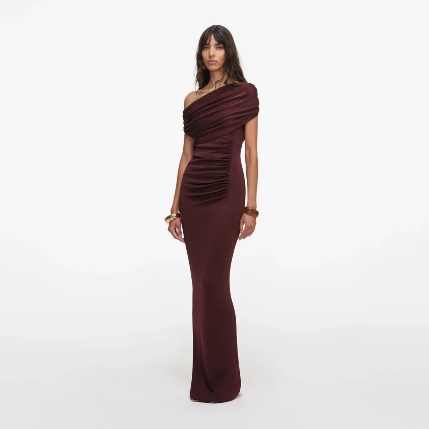 Brown Draped Knit Midi Dress Brown Draped Knit Midi Dress