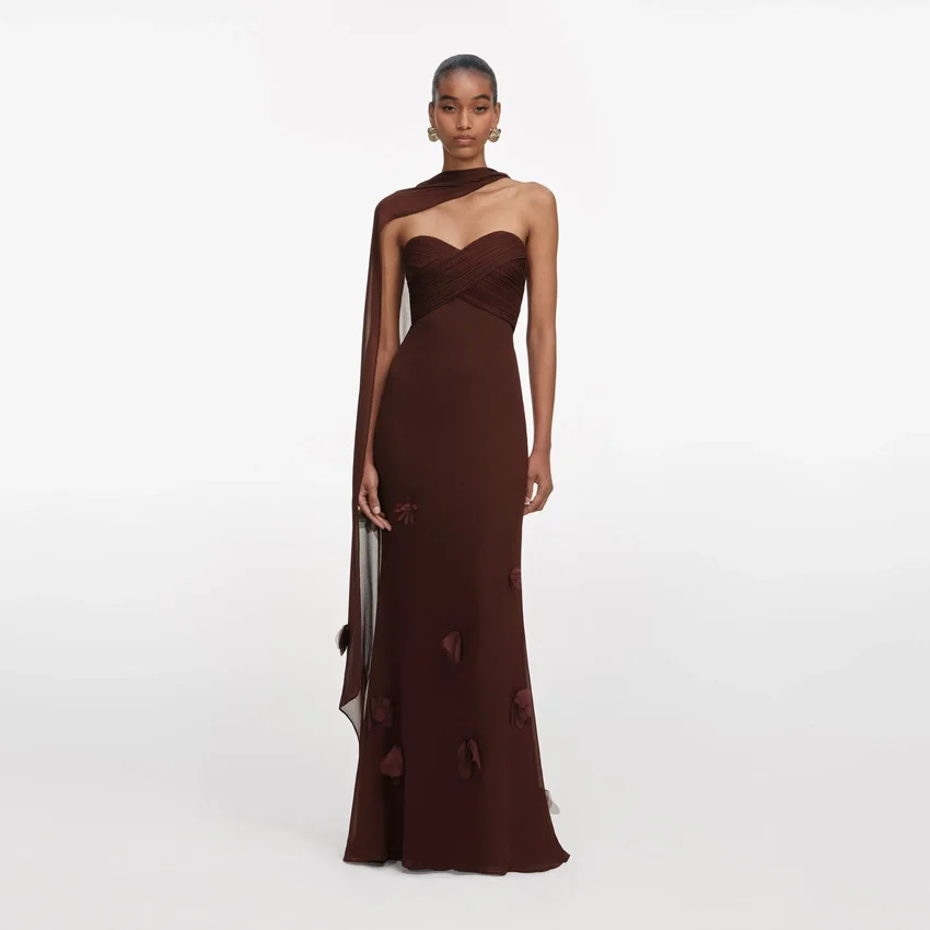 Brown Georgette Flower Maxi Dress Brown Georgette Flower Maxi Dress