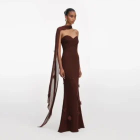 Brown Georgette Flower Maxi Dress