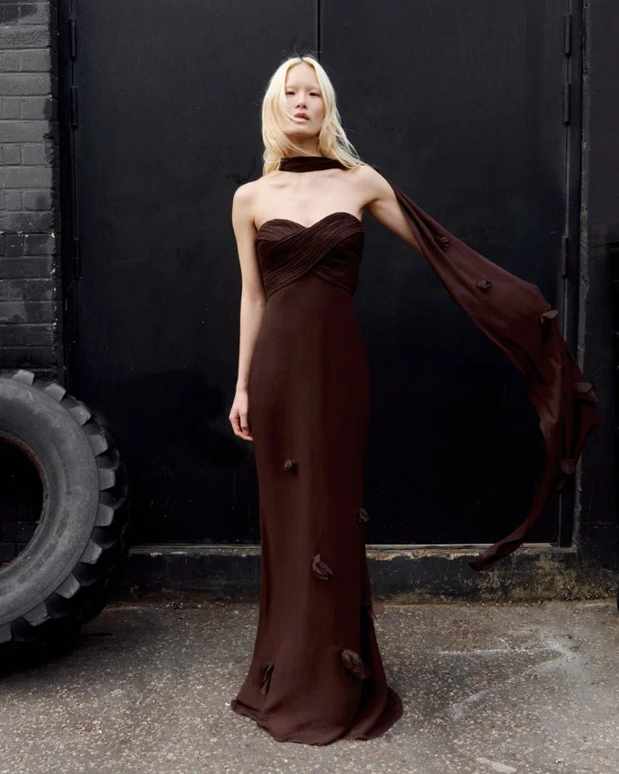 Brown Georgette Flower Maxi Dress Brown Georgette Flower Maxi Dress