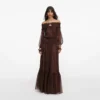 Brown Georgette Off Shoulder Maxi Dress Brown Georgette Off Shoulder Maxi Dress
