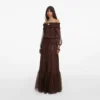 Brown Georgette Off Shoulder Maxi Dress Brown Georgette Off Shoulder Maxi Dress