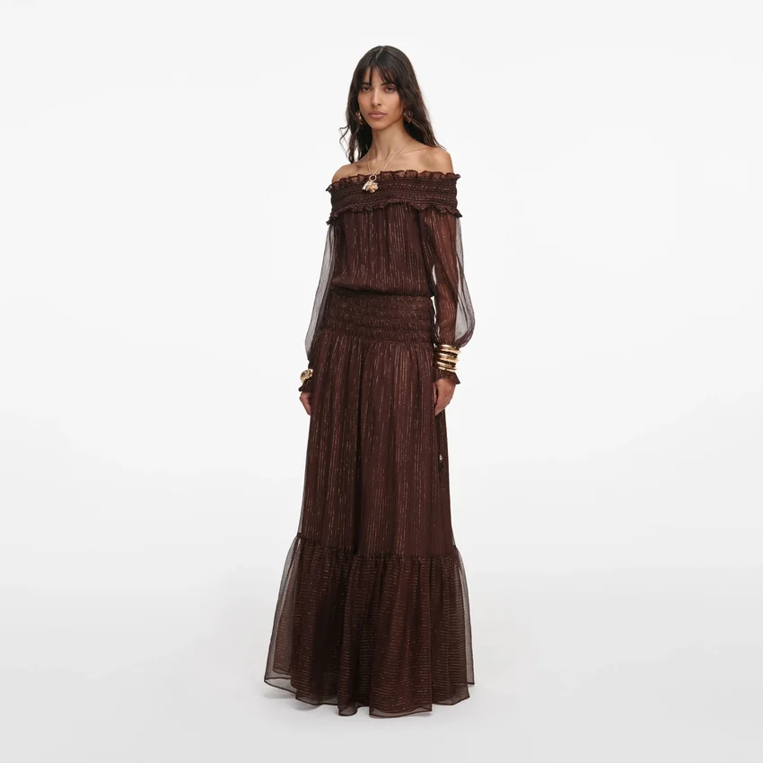Brown Georgette Off Shoulder Maxi Dress Brown Georgette Off Shoulder Maxi Dress