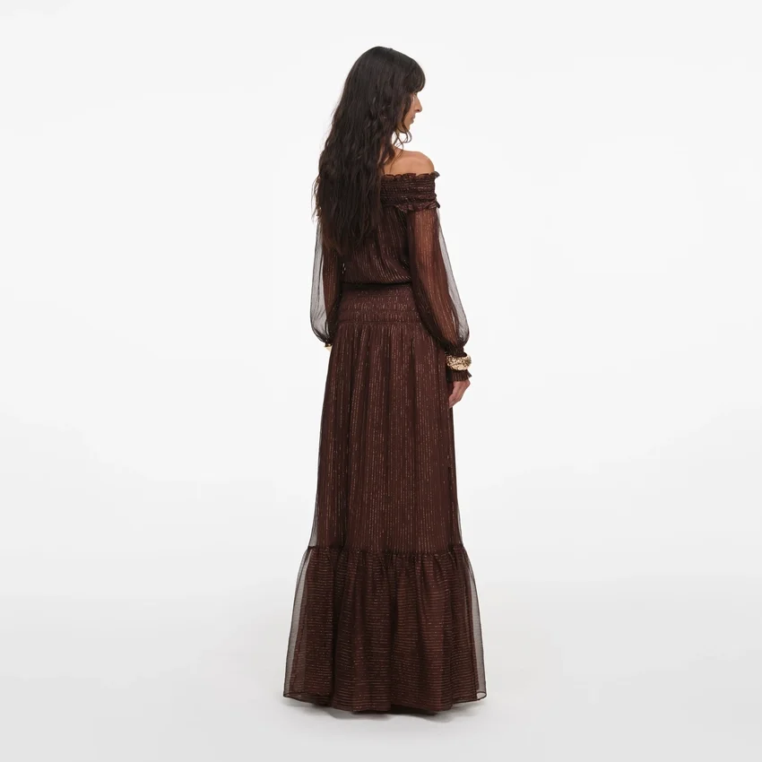 Brown Georgette Off Shoulder Maxi Dress Brown Georgette Off Shoulder Maxi Dress