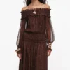 Brown Georgette Off Shoulder Maxi Dress Brown Georgette Off Shoulder Maxi Dress