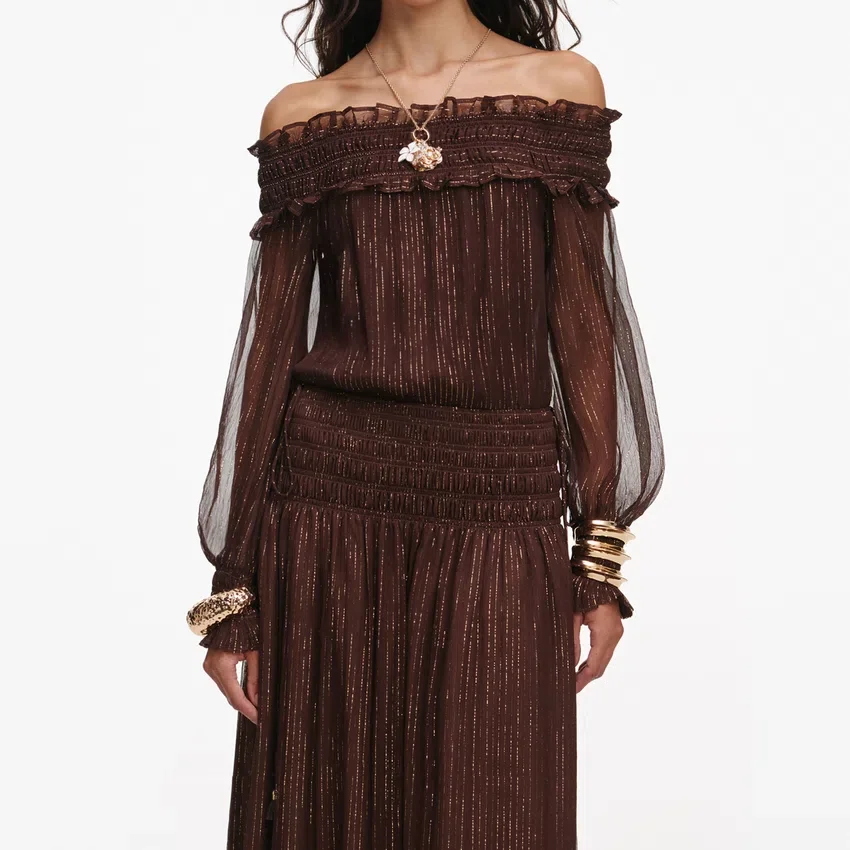 Brown Georgette Off Shoulder Maxi Dress Brown Georgette Off Shoulder Maxi Dress