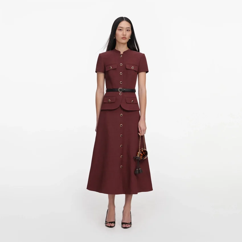 Brown Peplum Linen Blend Midi Dress Brown Peplum Linen Blend Midi Dress