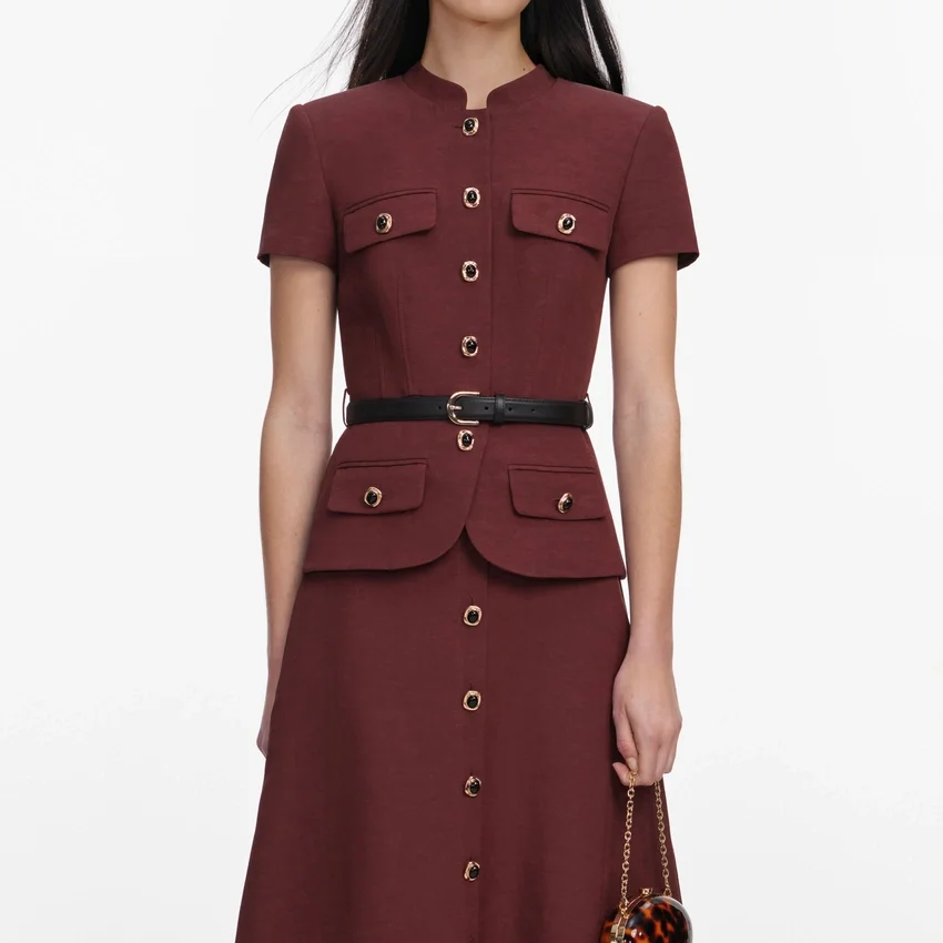 Brown Peplum Linen Blend Midi Dress Brown Peplum Linen Blend Midi Dress