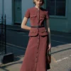 Brown Peplum Linen Blend Midi Dress Brown Peplum Linen Blend Midi Dress