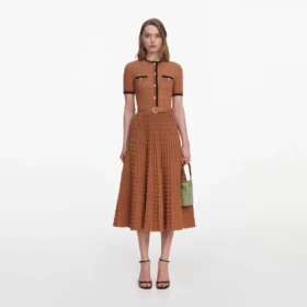 Brown Pointelle Knit Midi Dress