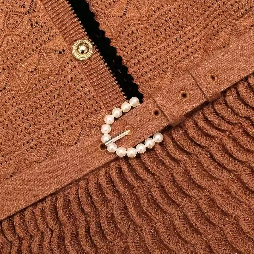 Brown Pointelle Knit Midi Dress Brown Pointelle Knit Midi Dress