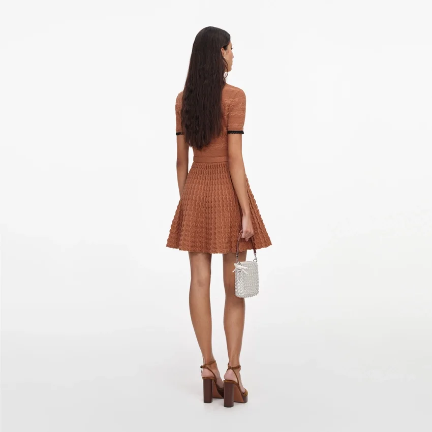 Brown Pointelle Knit Mini Dress Brown Pointelle Knit Mini Dress