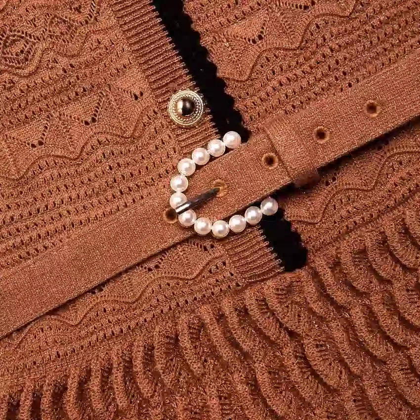 Brown Pointelle Knit Mini Dress Brown Pointelle Knit Mini Dress