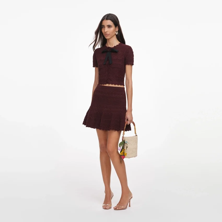 Brown Pointelle Knit Mini Skirt Brown Pointelle Knit Mini Skirt