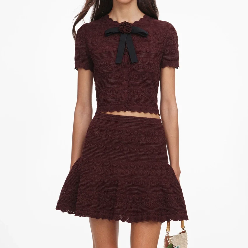 Brown Pointelle Knit Mini Skirt Brown Pointelle Knit Mini Skirt
