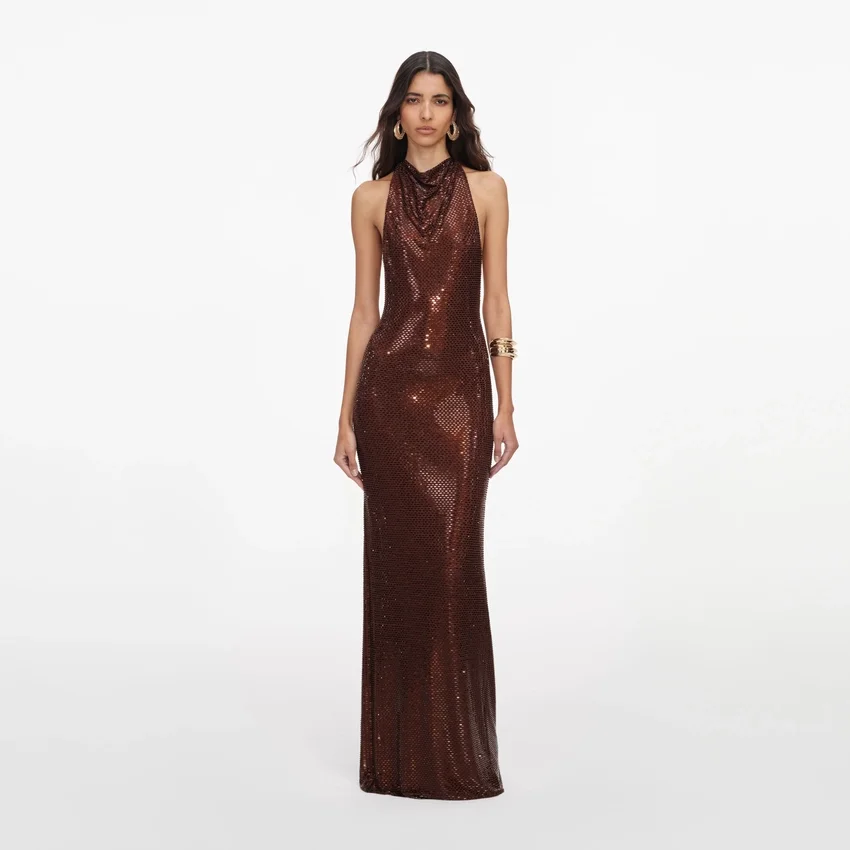 Brown Rhinestone Racer Back Maxi Dress Brown Rhinestone Racer Back Maxi Dress