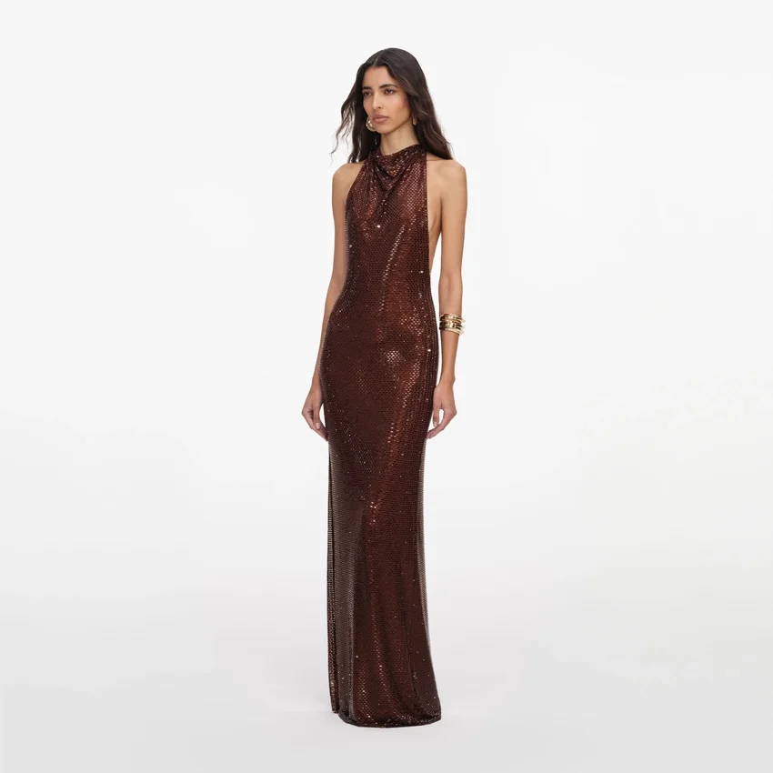 Brown Rhinestone Racer Back Maxi Dress Brown Rhinestone Racer Back Maxi Dress