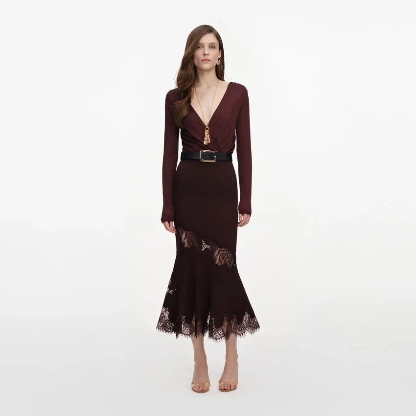 Brown Ribbed Knit Midi Skirt Brown Ribbed Knit Midi Skirt