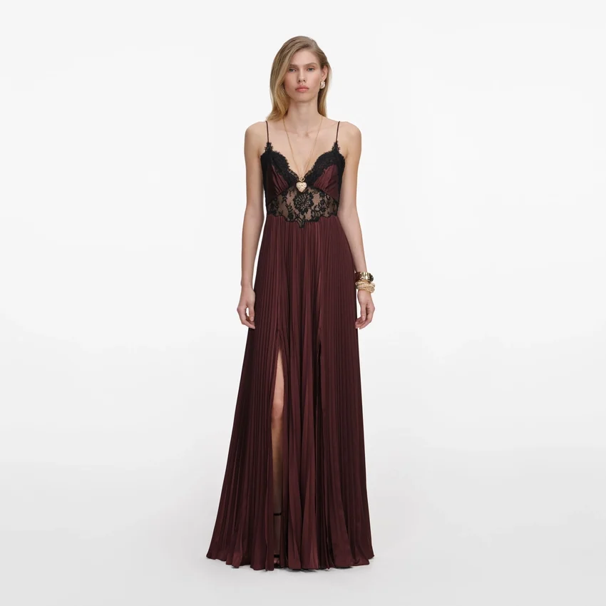 Brown Satin Lace Insert Maxi Dress Brown Satin Lace Insert Maxi Dress