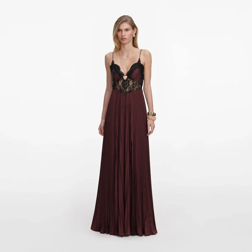 Brown Satin Lace Insert Maxi Dress Brown Satin Lace Insert Maxi Dress