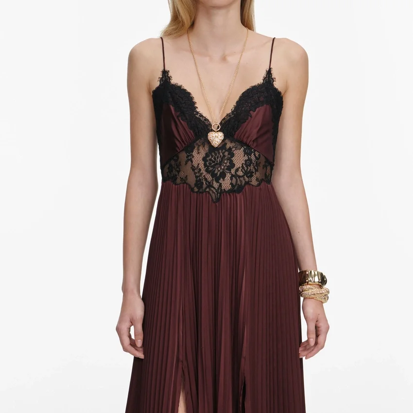 Brown Satin Lace Insert Maxi Dress Brown Satin Lace Insert Maxi Dress