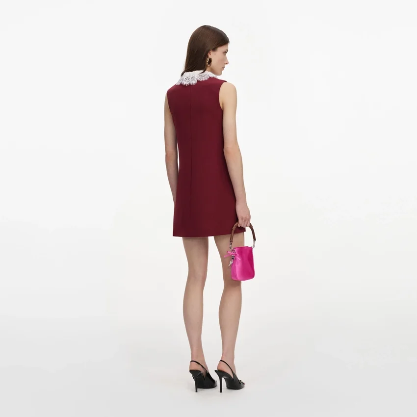Burgundy Crepe Lace Collar Mini Dress Burgundy Crepe Lace Collar Mini Dress