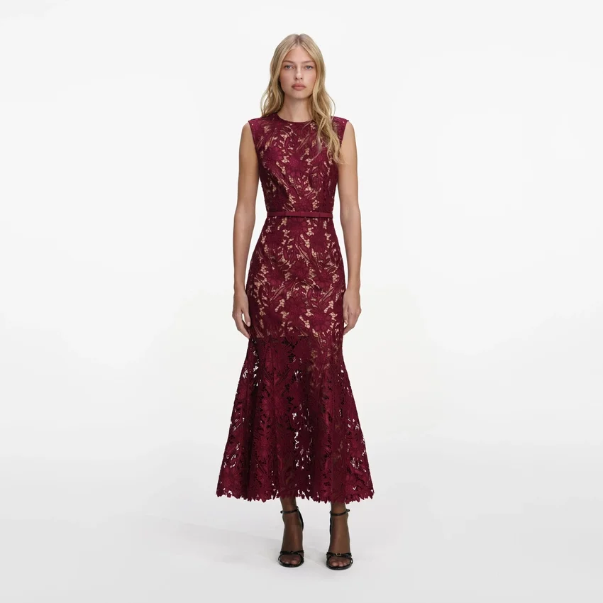 Burgundy Guipure Lace Midi Dress Burgundy Guipure Lace Midi Dress