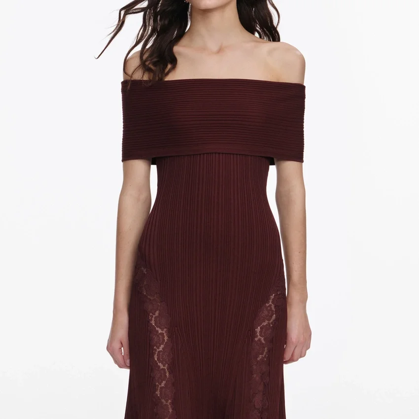 Burgundy Knit Lace Insert Midi Dress Burgundy Knit Lace Insert Midi Dress