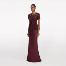 Burgundy Lace Satin Maxi Dress