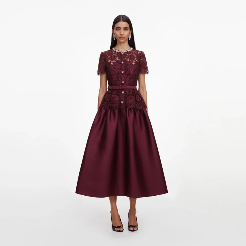 Burgundy Lace Taffeta Midi Dress Burgundy Lace Taffeta Midi Dress