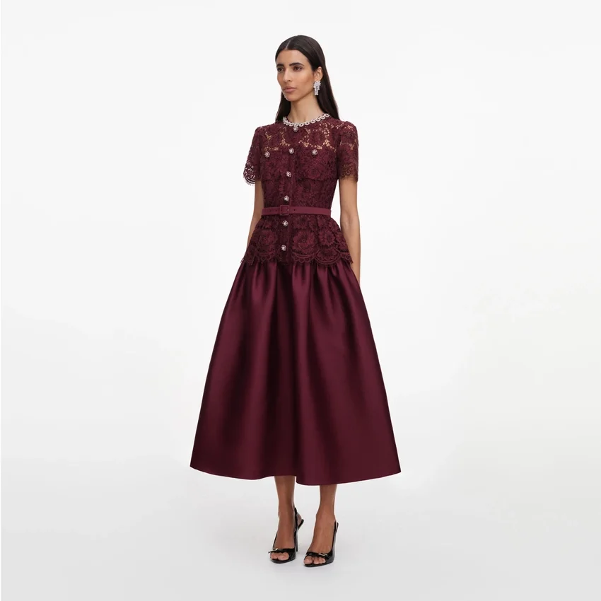 Burgundy Lace Taffeta Midi Dress Burgundy Lace Taffeta Midi Dress