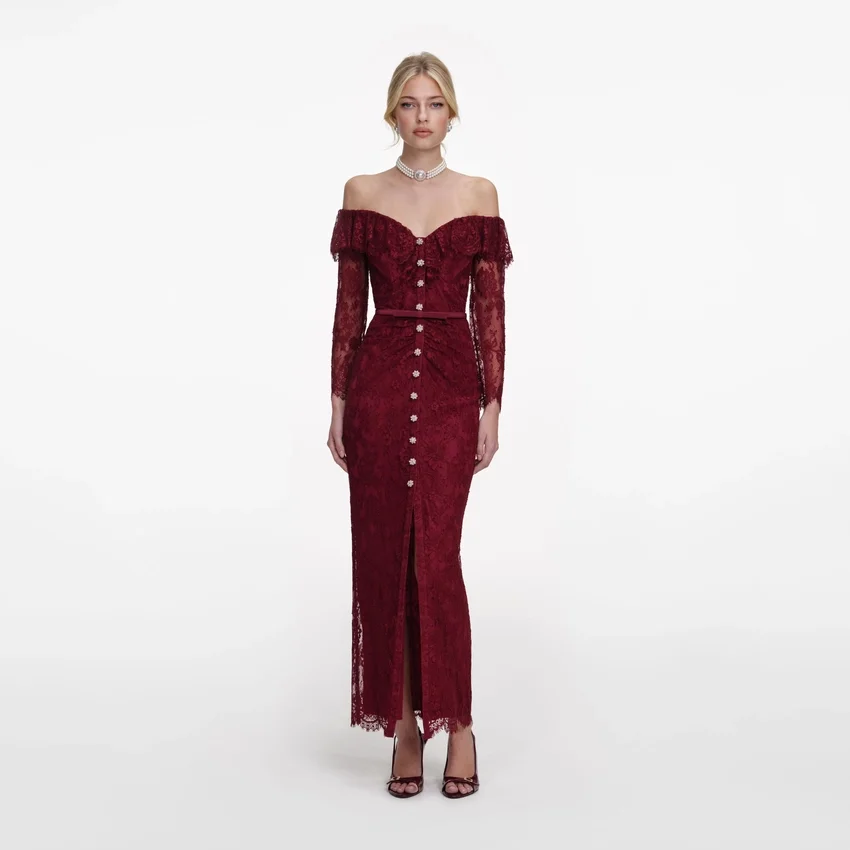 Burgundy Off Shoulder Gathered Lace Maxi Dress Burgundy Off Shoulder Gathered Lace Maxi Dress