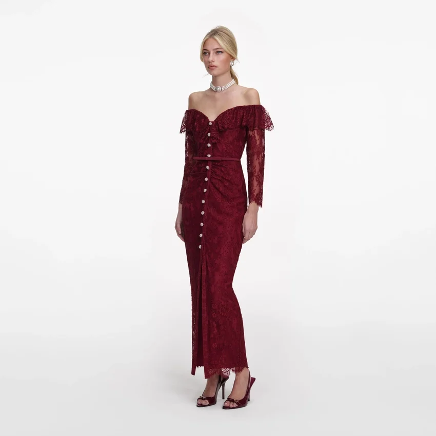 Burgundy Off Shoulder Gathered Lace Maxi Dress Burgundy Off Shoulder Gathered Lace Maxi Dress