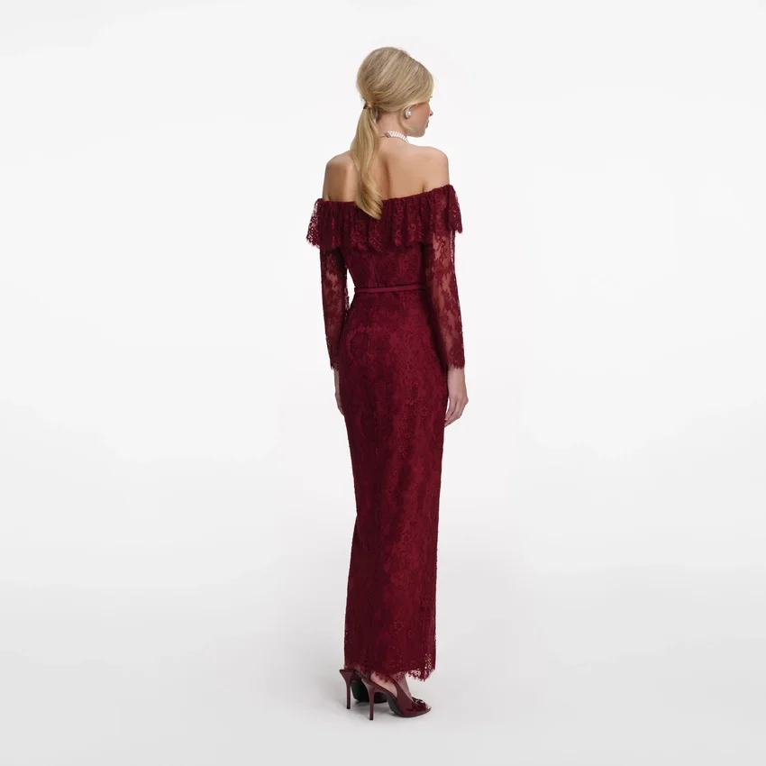Burgundy Off Shoulder Gathered Lace Maxi Dress Burgundy Off Shoulder Gathered Lace Maxi Dress