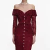 Burgundy Off Shoulder Gathered Lace Maxi Dress Burgundy Off Shoulder Gathered Lace Maxi Dress