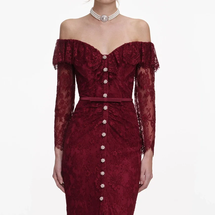 Burgundy Off Shoulder Gathered Lace Maxi Dress Burgundy Off Shoulder Gathered Lace Maxi Dress