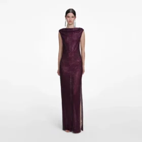Burgundy Rhinestone Drape Maxi Dress