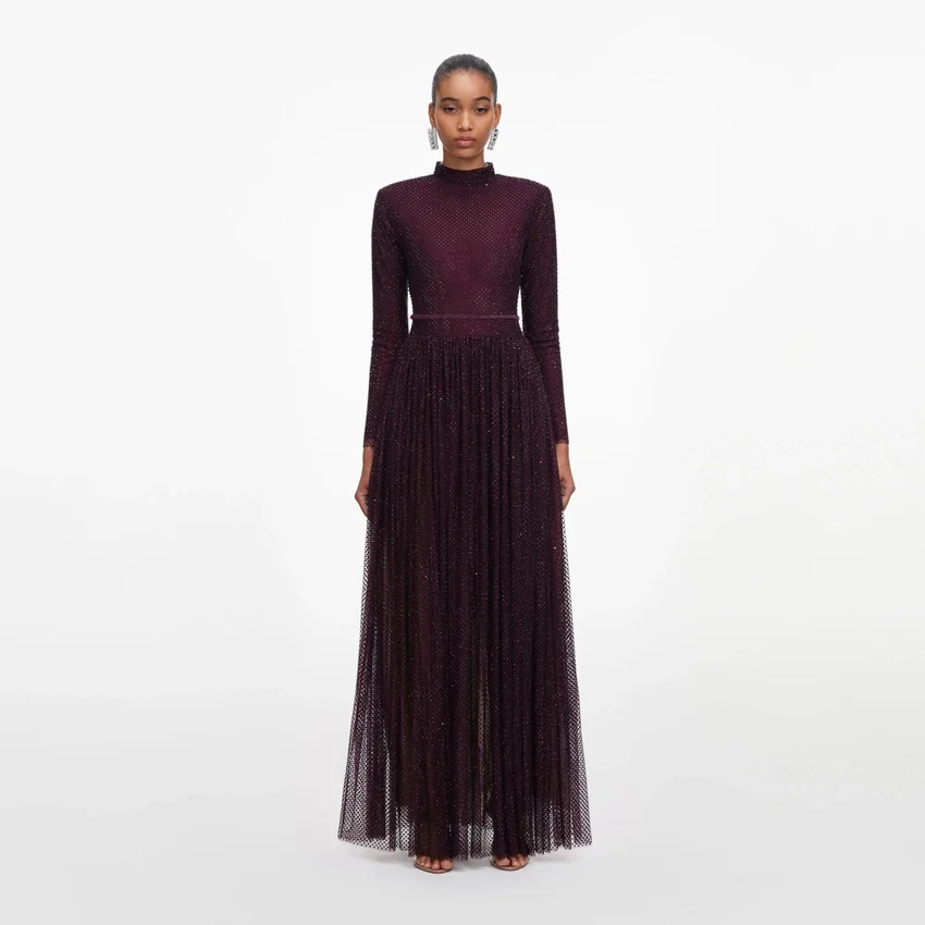 Burgundy Rhinestone Long Sleeve Maxi Dress Burgundy Rhinestone Long Sleeve Maxi Dress