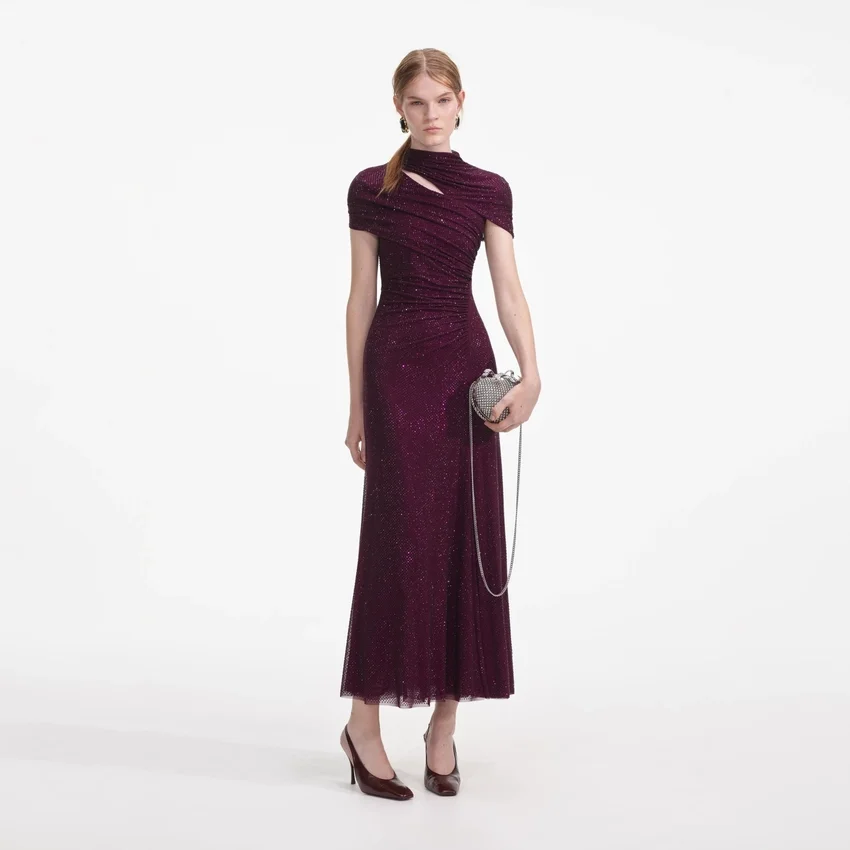 Burgundy Rhinestone Mesh Cut Out Midi Dress Burgundy Rhinestone Mesh Cut Out Midi Dress