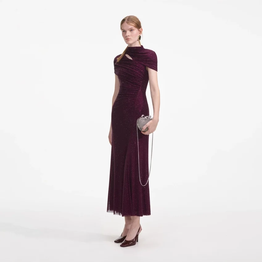 Burgundy Rhinestone Mesh Cut Out Midi Dress Burgundy Rhinestone Mesh Cut Out Midi Dress