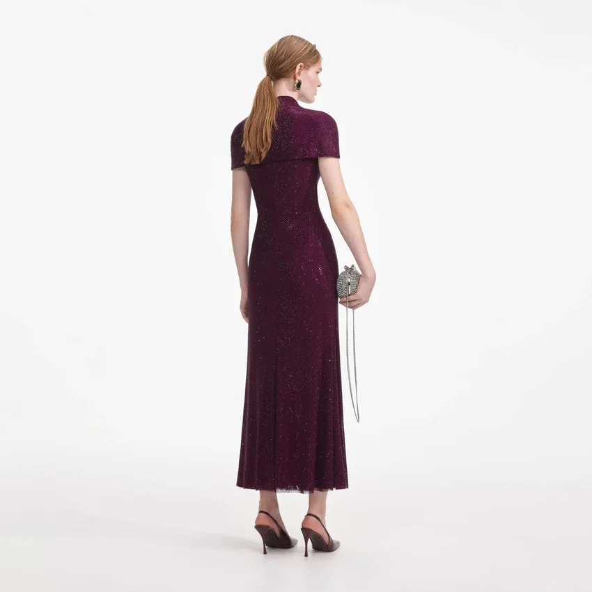 Burgundy Rhinestone Mesh Cut Out Midi Dress Burgundy Rhinestone Mesh Cut Out Midi Dress