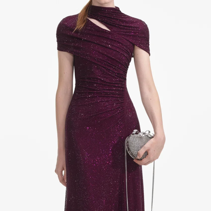 Burgundy Rhinestone Mesh Cut Out Midi Dress Burgundy Rhinestone Mesh Cut Out Midi Dress