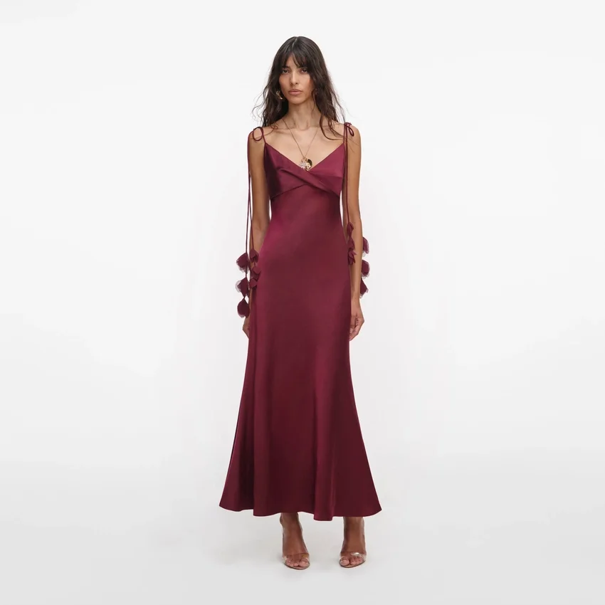 Burgundy Satin Flower Midi Dress Burgundy Satin Flower Midi Dress
