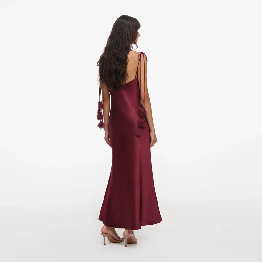 Burgundy Satin Flower Midi Dress Burgundy Satin Flower Midi Dress