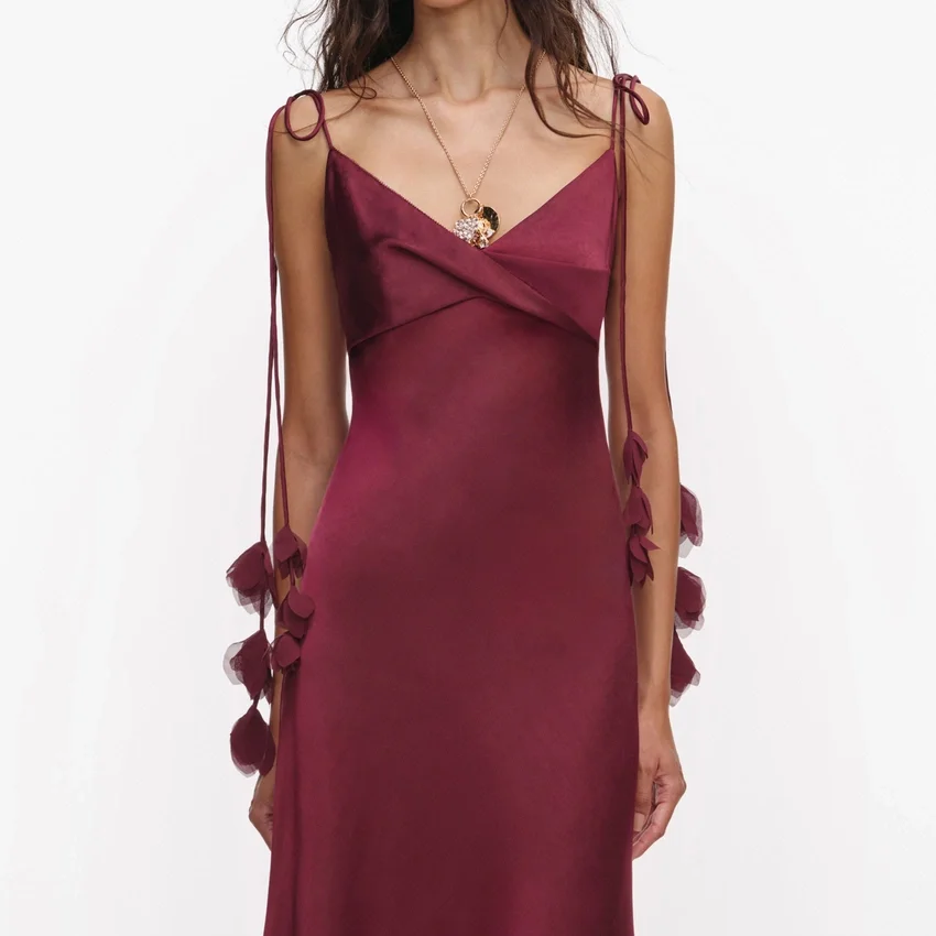 Burgundy Satin Flower Midi Dress Burgundy Satin Flower Midi Dress